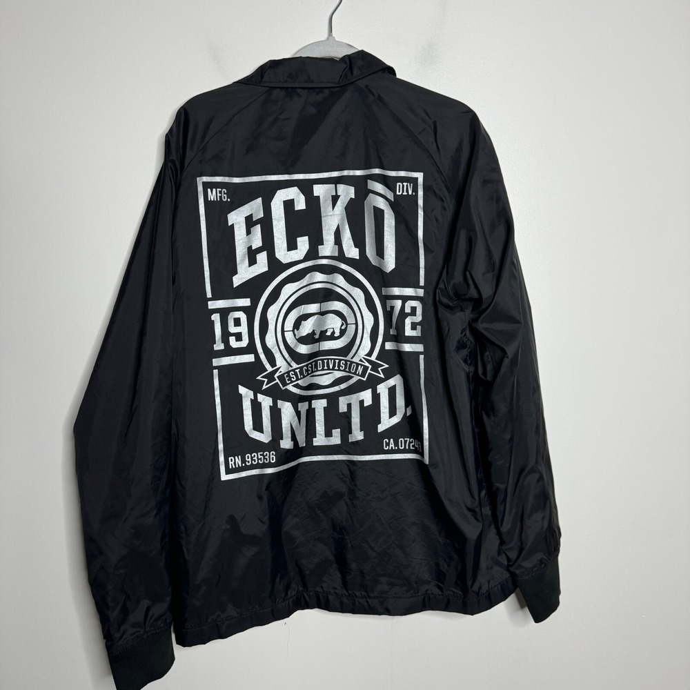 Ecko Unltd Coaches Jacket Mens L Black Solid Graphic Print Rhino Streetwear